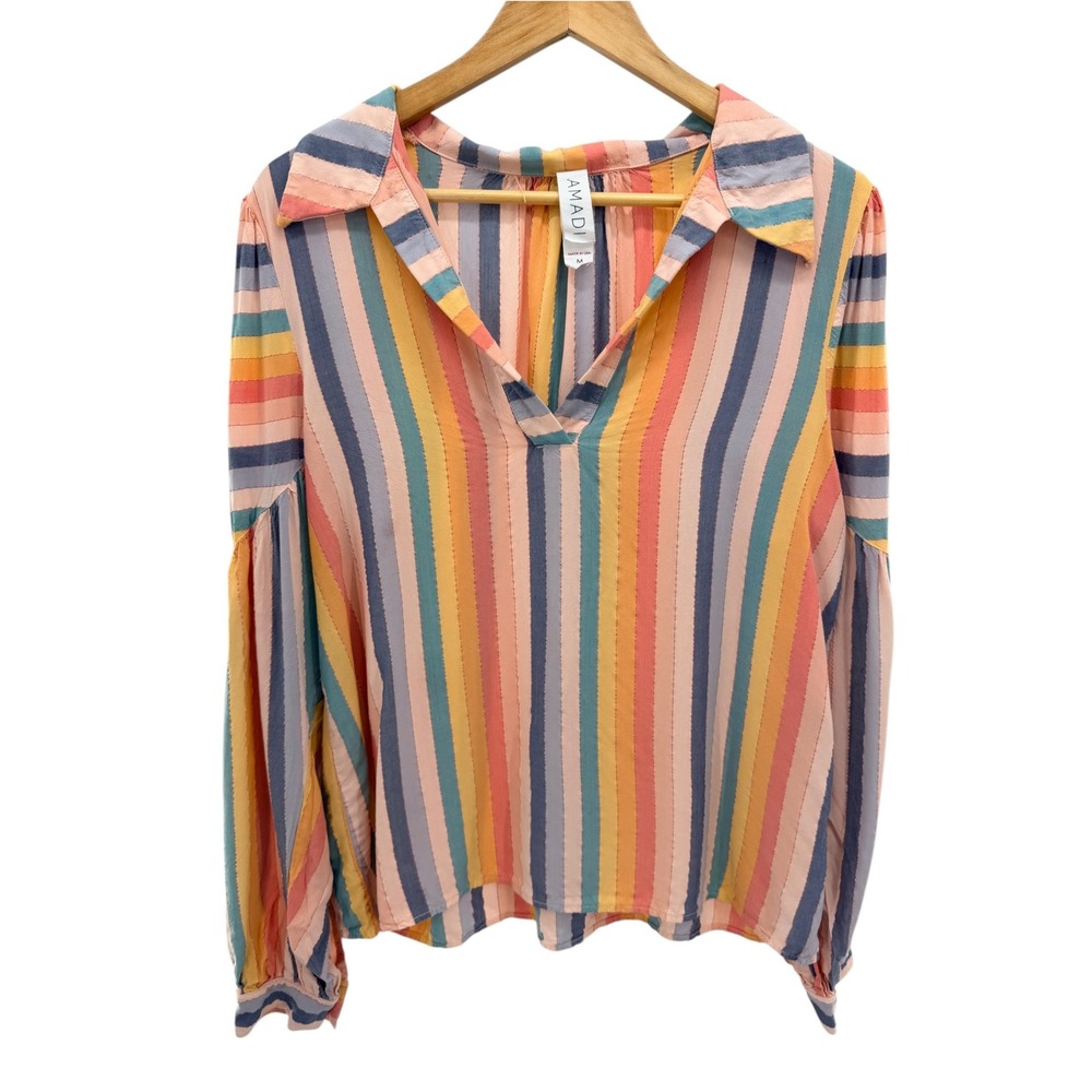 Amadi Anthropologie Multi Stripe Metallic Lurex Balloon Sleeve Blouse Medium M